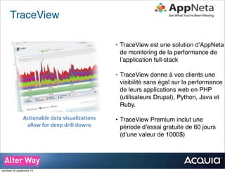 TraceView
• TraceView est une solution d’AppNeta
de monitoring de la performance de
l’application full-stack
• TraceView donne à vos clients une
visibilité sans égal sur la performance
de leurs applications web en PHP
(utilisateurs Drupal), Python, Java et
Ruby.
• TraceView Premium inclut une
période d’essai gratuite de 60 jours
(d’une valeur de 1000$)
vendredi 20 septembre 13
 