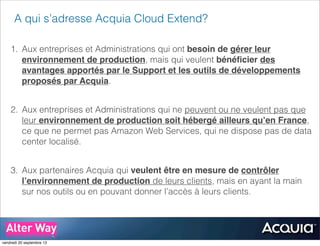 A qui s’adresse Acquia Cloud Extend?
1. Aux entreprises et Administrations qui ont besoin de gérer leur
environnement de production, mais qui veulent bénéﬁcier des
avantages apportés par le Support et les outils de développements
proposés par Acquia.
2. Aux entreprises et Administrations qui ne peuvent ou ne veulent pas que
leur environnement de production soit hébergé ailleurs qu’en France,
ce que ne permet pas Amazon Web Services, qui ne dispose pas de data
center localisé.
3. Aux partenaires Acquia qui veulent être en mesure de contrôler
l’environnement de production de leurs clients, mais en ayant la main
sur nos outils ou en pouvant donner l’accès à leurs clients.
vendredi 20 septembre 13
 