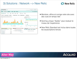 • Monitore, afﬁne et corrige votre site avec
des vues en temps réel
• Scoring unique “Apdex” pour évaluer le
niveau de l’expérience
• New Relic Standard est inclus dans toutes
les souscriptions tierces
3) Solutions : Network --> New Relic
jeudi 26 septembre 13
 