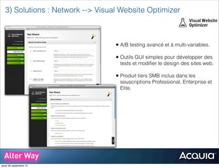 • A/B testing avancé et à multi-variables.
• Outils GUI simples pour développer des
tests et modiﬁer le design des sites web.
• Produit tiers SMB inclus dans les
souscriptions Professional, Enterprise et
Elite.
3) Solutions : Network --> Visual Website Optimizer
jeudi 26 septembre 13
 