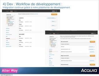4) Dev : Workﬂow de développement :
Intégration continue grâce à notre plateforme de développement
jeudi 26 septembre 13
 