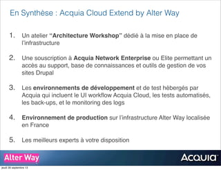 En Synthèse : Acquia Cloud Extend by Alter Way
1. Un atelier “Architecture Workshop” dédié à la mise en place de
l’infrastructure
2. Une souscription à Acquia Network Enterprise ou Elite permettant un
accès au support, base de connaissances et outils de gestion de vos
sites Drupal
3. Les environnements de développement et de test hébergés par
Acquia qui incluent le UI workﬂow Acquia Cloud, les tests automatisés,
les back-ups, et le monitoring des logs
4. Environnement de production sur l’infrastructure Alter Way localisée
en France
5. Les meilleurs experts à votre disposition
jeudi 26 septembre 13
 