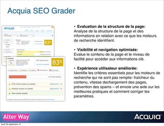 Acquia SEO Grader
• Evaluation de la structure de la page:
Analyse de la structure de la page et des
informations en relation avec ce que les moteurs
de recherche identiﬁent.
• Visibilité et navigation optimisée:
Evalue le contenu de la page et le niveau de
facilité pour accéder aux informations clé.
• Expérience utilisateur améliorée:
Identiﬁe les critères essentiels pour les moteurs de
recherche qui ne sont pas remplis- fraîcheur du
contenu, vitesse dechargement des pages,
prévention des spams – et envoie une aide sur les
meilleures pratiques et comment corriger les
paramètres.
jeudi 26 septembre 13
 