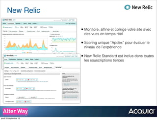 New Relic
• Monitore, afﬁne et corrige votre site avec
des vues en temps réel
• Scoring unique “Apdex” pour évaluer le
niveau de l’expérience
• New Relic Standard est inclus dans toutes
les souscriptions tierces
jeudi 26 septembre 13
 
