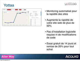 Yottaa
• Monitoring automatisé pour
la rapidité des sites
• Augmente la rapidité de
votre site web de plus de
50%
• Pas d’installation logicielle
requise ni de modiﬁcations
de code
• Essai gratuit de 14 jours et
remise de 20% pour tout
achat
jeudi 26 septembre 13
 