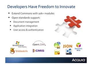 Developers	
  Have	
  Freedom	
  to	
  Innovate	
  
•    Extend	
  Commons	
  with	
  10k+	
  modules	
  	
  
•    Open	
  standards	
  support:	
  
 •  Document	
  management	
  	
  
 •  Application	
  integration	
  
 •  User	
  access	
  &	
  authentication	
  
 