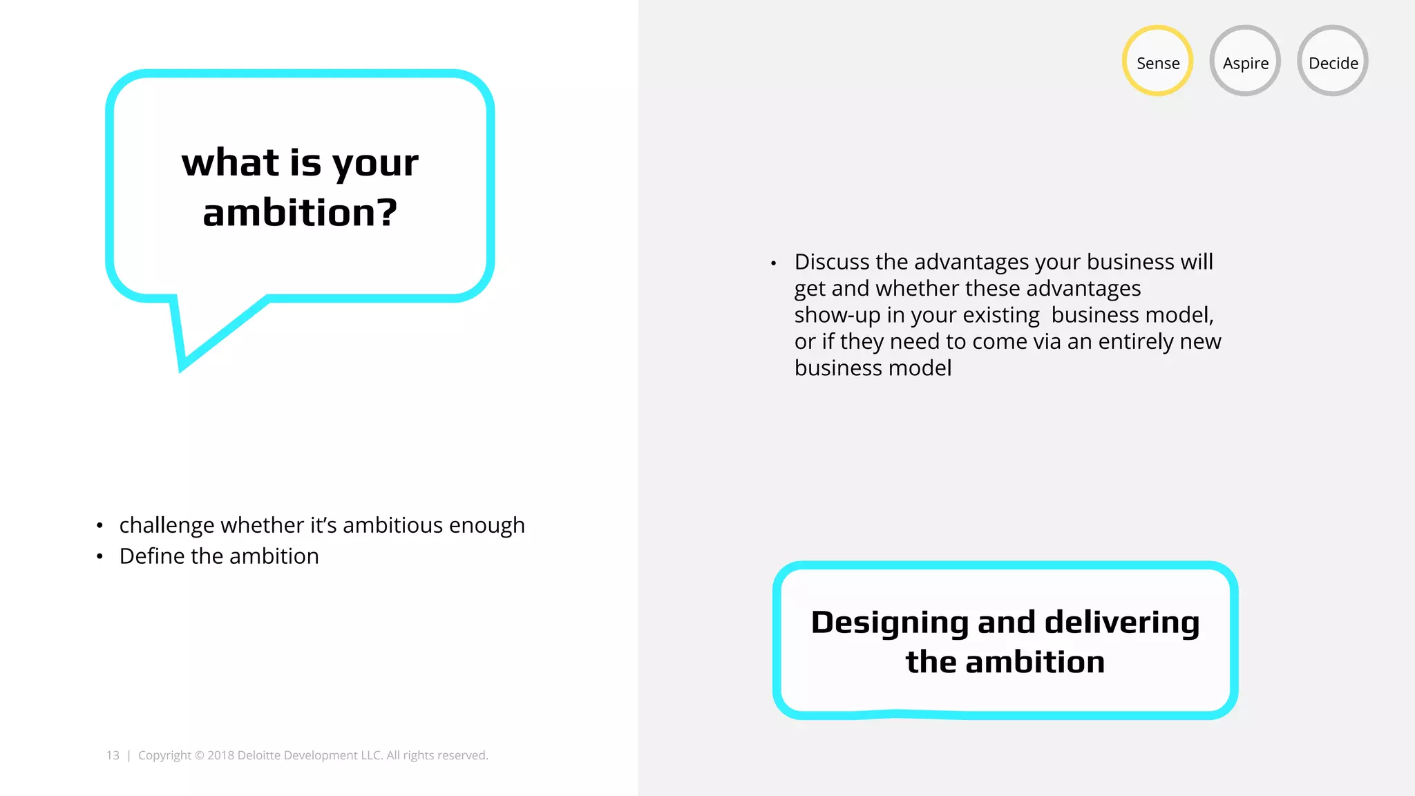 13 | Copyright © 2018 Deloitte Development LLC. All rights reserved.
• challenge whether it’s ambitious enough
• Define the ambition
Sense Aspire Decide
what is your
ambition?
• Discuss the advantages your business will
get and whether these advantages
show-up in your existing business model,
or if they need to come via an entirely new
business model
Designing and delivering
the ambition
 