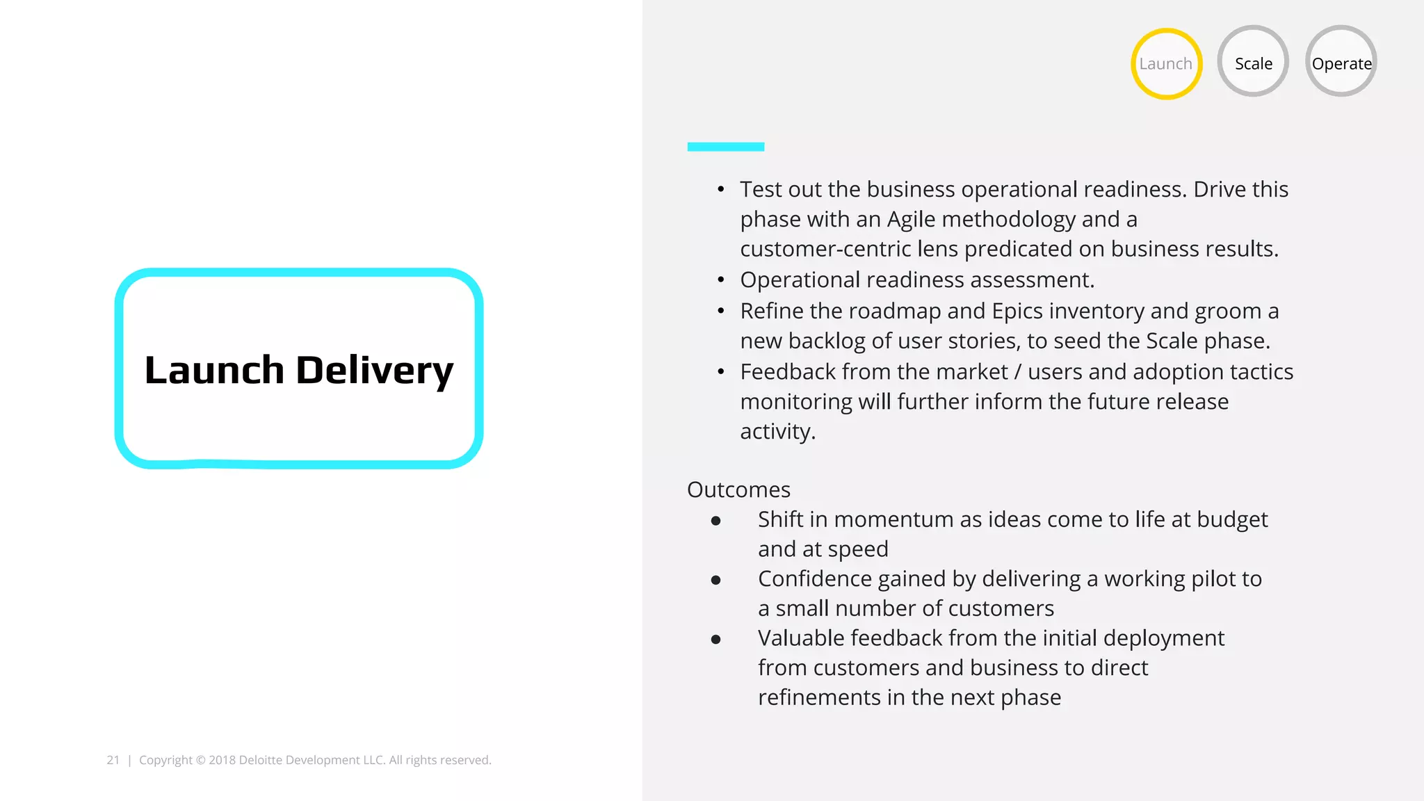 21 | Copyright © 2018 Deloitte Development LLC. All rights reserved.
• Test out the business operational readiness. Drive this
phase with an Agile methodology and a
customer-centric lens predicated on business results.
• Operational readiness assessment.
• Refine the roadmap and Epics inventory and groom a
new backlog of user stories, to seed the Scale phase.
• Feedback from the market / users and adoption tactics
monitoring will further inform the future release
activity.
Launch Scale Operate
Launch Delivery
Outcomes
● Shift in momentum as ideas come to life at budget
and at speed
● Confidence gained by delivering a working pilot to
a small number of customers
● Valuable feedback from the initial deployment
from customers and business to direct
refinements in the next phase
 
