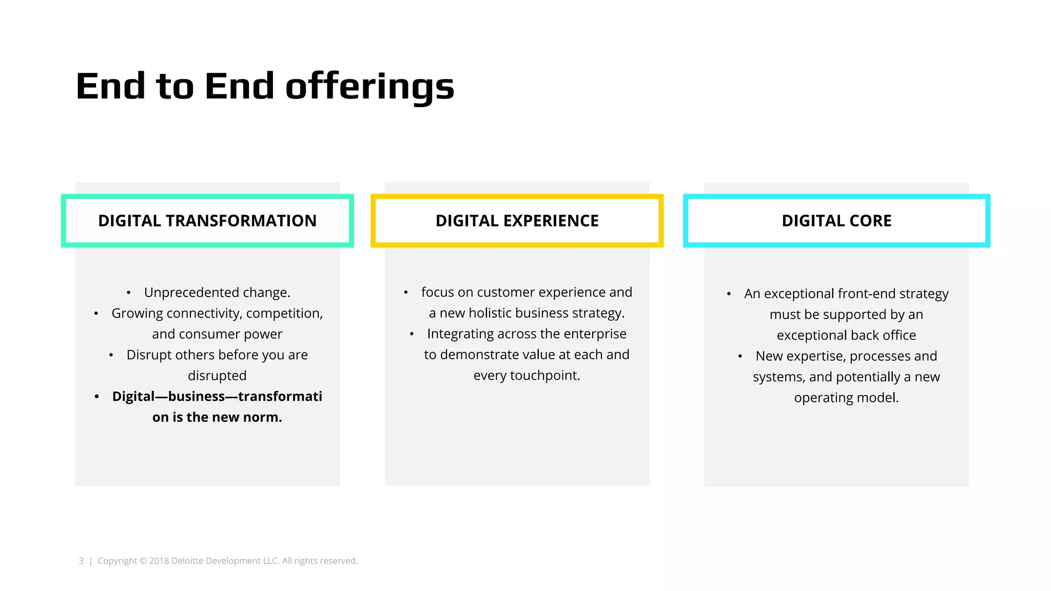 3 | Copyright © 2018 Deloitte Development LLC. All rights reserved.
DIGITAL TRANSFORMATION
• Unprecedented change.
• Growing connectivity, competition,
and consumer power
• Disrupt others before you are
disrupted
• Digital—business—transformati
on is the new norm.
End to End offerings
• focus on customer experience and
a new holistic business strategy.
• Integrating across the enterprise
to demonstrate value at each and
every touchpoint.
• An exceptional front-end strategy
must be supported by an
exceptional back office
• New expertise, processes and
systems, and potentially a new
operating model.
DIGITAL EXPERIENCE DIGITAL CORE
 