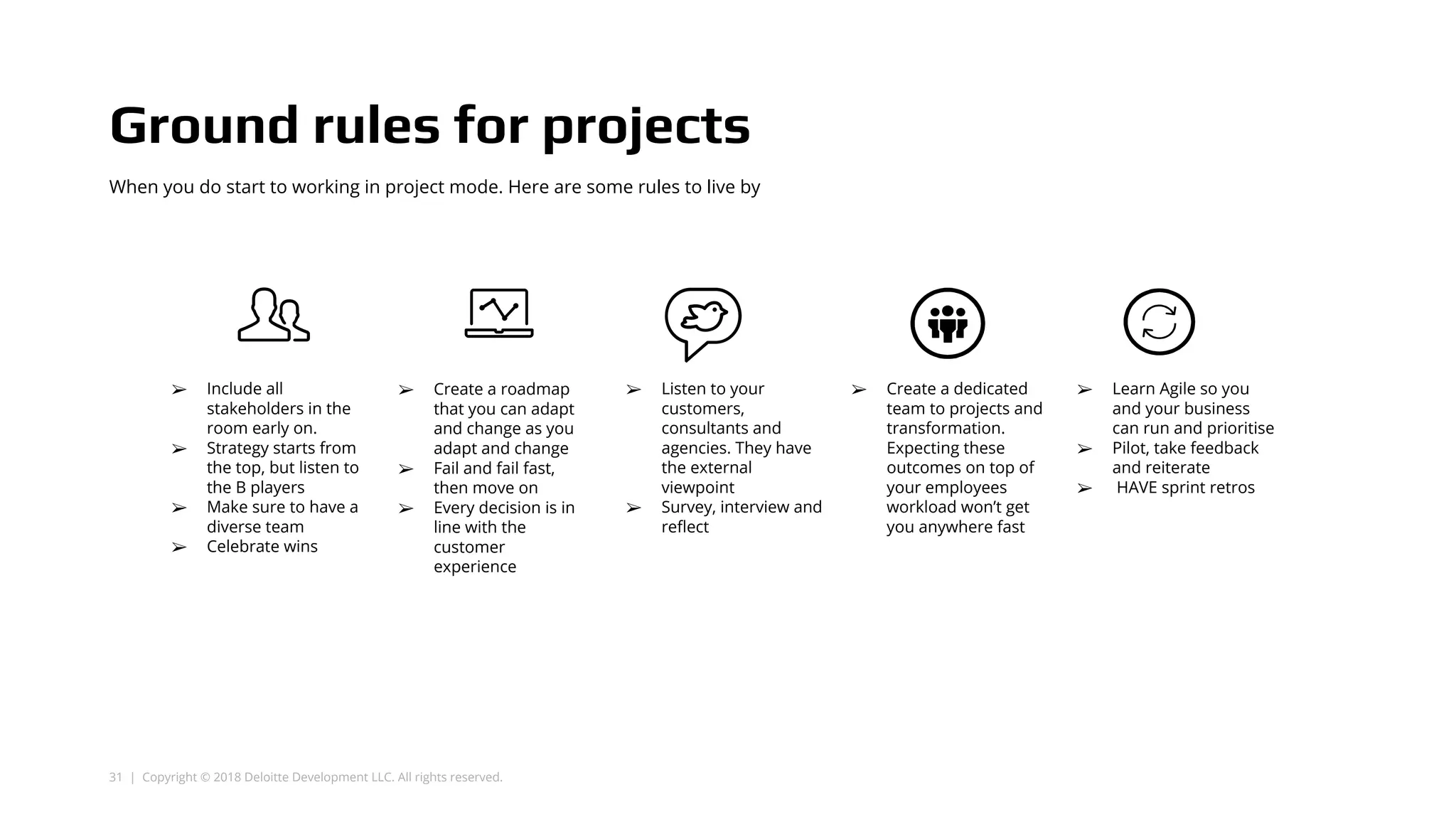 31 | Copyright © 2018 Deloitte Development LLC. All rights reserved.
Ground rules for projects
When you do start to working in project mode. Here are some rules to live by
➢ Include all
stakeholders in the
room early on.
➢ Strategy starts from
the top, but listen to
the B players
➢ Make sure to have a
diverse team
➢ Celebrate wins
➢ Create a roadmap
that you can adapt
and change as you
adapt and change
➢ Fail and fail fast,
then move on
➢ Every decision is in
line with the
customer
experience
➢ Listen to your
customers,
consultants and
agencies. They have
the external
viewpoint
➢ Survey, interview and
reflect
➢ Create a dedicated
team to projects and
transformation.
Expecting these
outcomes on top of
your employees
workload won’t get
you anywhere fast
➢ Learn Agile so you
and your business
can run and prioritise
➢ Pilot, take feedback
and reiterate
➢ HAVE sprint retros
 