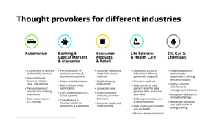 34 | Copyright © 2018 Deloitte Development LLC. All rights reserved.
Thought provokers for different industries
• Connectivity of vehicles
and mobility services
• Non-traditional
business models
(e.g., ride sharing)
• Personalization of
vehicles and ordering
experience
• Deal modernization
(i.e., buying)
Automotive
• Personalization of
products, services, &
distribution channels
• AI and virtual assistance
• Mid- and back-office
optimization
• Core modernization (e.g.,
Cloud, System)
• Open Banking &
NextGen platforms,
processors & capabilities
Banking &
Capital Markets
& Insurance
• Customer experience
integration across
channels
• Digital shopping
experiences
• Connected retail
• Cloud computing
analyzing purchase
behaviors
• Customer loyalty and
understanding
Consumer
Products
& Retail
• Ubiquitous access to
information allowing
patient self-diagnosis
• Precision medicine
• New sources of data
(patient reported data,
genomic data, and social
care data)
• Shift to preventative care
& personalization
• New collaboration models
around health
• Pharma disintermediation
Life Sciences
& Health Care
• Deep integration of
technologies
(exploratory, refining,
efficiency/output)
• Digital customer
interface and
management solutions
• Ecosystem alliances to
innovate offerings
• Blockchain revolution
and applications in
energy trading
Oil, Gas &
Chemicals
 