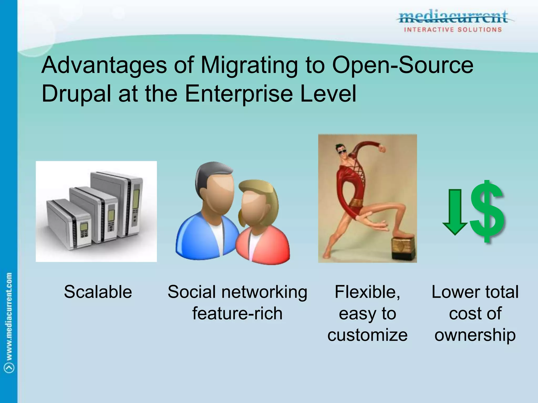 Advantages of Migrating to Open-Source Drupal at the Enterprise Level$ScalableSocial networking feature-richFlexible,easy to customizeLower total cost of ownership