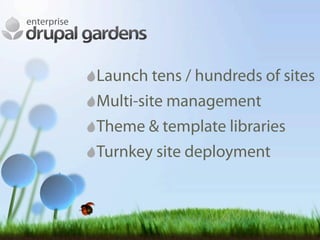 Drupal Gardens: Drupal-as-a-Service
  enterprise




             Launch tens / hundreds of sites
             Multi-site management
             Theme & template libraries
             Turnkey site deployment
 