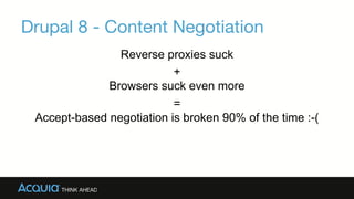 Drupal 8 - Content Negotiation
Reverse proxies suck
+
Browsers suck even more
=
Accept-based negotiation is broken 90% of the time :-(
 