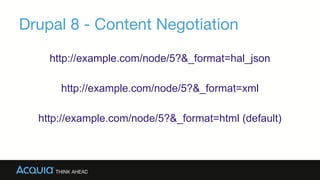 Drupal 8 - Content Negotiation
http://example.com/node/5?&_format=hal_json
http://example.com/node/5?&_format=xml
http://example.com/node/5?&_format=html (default)
 