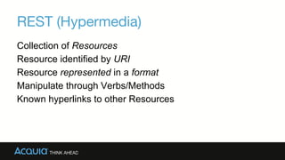 Collection of Resources
Resource identified by URI
Resource represented in a format
Manipulate through Verbs/Methods
Known hyperlinks to other Resources
REST (Hypermedia)
 