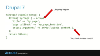 Drupal 7
function example_menu() {
$items['my/page'] = array(
'title' => 'My page',
'page callback' => 'my_page_function',
'access arguments' => array('access content'),
);
return $items;
}
Only map on path
Very basic access control
 