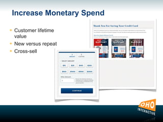 Increase Monetary Spend
๏ Customer lifetime
value
๏ New versus repeat
๏ Cross-sell
 