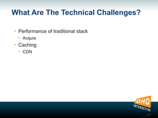 What Are The Technical Challenges?
๏ Performance of traditional stack
๏ Acquia
๏ Caching
๏ CDN
 