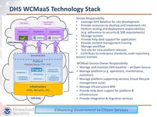 DHS WCMaaS Technology Stack
                        Tenant Responsibility
                        • Leverage DHS Baseline for site development
                        • Provide resources to develop and implement site
                        • Perform testing and deployment responsibilities
                            (e.g. adherence to security & 508 requirements)
                        • Manage content
                        • Provide help desk support for application.
                        • Provide content management training
                        • Manage workflow
                        • Test site for new platform releases
                        • Contribute to enterprise standards, code repository,
                        lessons learned.
                         WCMaaS Service Owner Responsibility
                         • Manage and maintain DHS baseline – all Open Source
                         • Manage platform (e.g. operations, maintenance,
                           evolution)
                         • Manage platform supporting services (cloud lifecycle
                           management suite)
                         • Manage infrastructure BPA
                         • Provide help desk support for platform &
                           infrastructure
                         • Provide integration & migration services


             Enhancing Government to Citizen Services
                  For Official Use Only
 