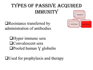 Types of passive acquired
immunity PASSIVE
NATURAL ARTIFICIALResistance transferred by
administration of antibodies
Hyper immune sera
Convalescent sera
Pooled human Ɣ globulin
Used for prophylaxis and therapy
 