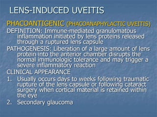 PHACOANTIGENIC (PHACOANAPHYLACTIC UVEITIS)
DEFINITION: Immune-mediated granulomatous
inflammation initiated by lens proteins released
through a ruptured lens capsule
PATHOGENESIS: Liberation of a large amount of lens
protein into the anterior chamber disrupts the
normal immunologic tolerance and may trigger a
severe inflammatory reaction
CLINICAL APPEARANCE
1. Usually occurs days to weeks following traumatic
rupture of the lens capsule or following cataract
surgery when cortical material is retained within
the eye
2. Secondary glaucoma
LENS-INDUCED UVEITIS
 