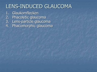 1. Glaukomflecken
2. Phacolytic glaucoma
3. Lens-particle glaucoma
4. Phacomorphic glaucoma
LENS-INDUCED GLAUCOMA
 