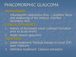 PATHOGENESIS
Intumescent cataractous lens → pupillary block
and shallowing of the anterior chamber →
secondary ACG.
CLINICAL APPEARANCE
1. History of decreased vision (cataract formation
prior to acute event)
2. Angle-closure glaucoma
TREATMENT
1. Initial treatment: Medical therapy to lower IOP;
laser iridotomy
2. Definitive treatment: Cataract extraction
PHACOMORPHIC GLAUCOMA
 