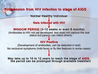Normal Healthy IndividualNormal Healthy Individual
Gets infected with HIVGets infected with HIV
WINDOW PERIODWINDOW PERIOD (3-12 weeks or even 6 months)(3-12 weeks or even 6 months)
(Antibodies to HIV not yet developed, test does not capture the real(Antibodies to HIV not yet developed, test does not capture the real
status but person can infect others)status but person can infect others)
HIV PositiveHIV Positive
(Development of antibodies, can be detected in test)(Development of antibodies, can be detected in test)
No exclusive symptoms (mild fever or flu like features in some cases)No exclusive symptoms (mild fever or flu like features in some cases)
May take up to 10 to 12 years to reach the stage ofMay take up to 10 to 12 years to reach the stage of AIDSAIDS,,
the period can be prolonged through available treatmentthe period can be prolonged through available treatment
Progression from HIV infection to stage of AIDSProgression from HIV infection to stage of AIDS
 