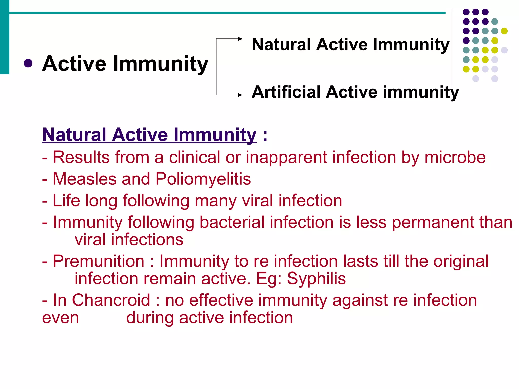 Active Immunity Natural Active Immunity  : - Results from a clinical or inapparent infection by microbe - Measles and Poliomyelitis - Life long following many viral infection - Immunity following bacterial infection is less permanent than  viral infections - Premunition : Immunity to re infection lasts till the original  infection remain active. Eg: Syphilis - In Chancroid : no effective immunity against re infection  even  during active infection Natural Active Immunity Artificial Active immunity 