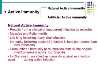 Active Immunity Natural Active Immunity  : - Results from a clinical or inapparent infection by microbe - Measles and Poliomyelitis - Life long following many viral infection - Immunity following bacterial infection is less permanent than  viral infections - Premunition : Immunity to re infection lasts till the original  infection remain active. Eg: Syphilis - In Chancroid : no effective immunity against re infection  even  during active infection Natural Active Immunity Artificial Active immunity 