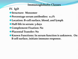 Immunoglobulin Classes
IV. IgD
Structure: Monomer
Percentage serum antibodies: 0.2%
Location: B-cell surface, blood, and lymph
Half-life in serum: 3 days
Complement Fixation: No
Placental Transfer: No
Known Functions: In serum function is unknown. On
B cell surface, initiate immune response.
 