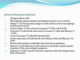 Immune Response Explained
1. Antigen infects cells.
2. Macrophage ingests antigen and displays portion on its surface.
3. Helper T- Cell recognizes antigen on the surface of the macrophage
and becomes active.
4. Active Helper T-Cell activates Cytotoxic T-Cells and B-Cells.
5. Cytotoxic T-Cells divide into Active Cytotoxic T-cells and Memory T
– Cells.
6. Active Cytotoxic T-Cells kill infected cells.
7. At the same time, B-Cells divide into Plasma Cells and Memory B-
Cells.
8. Plasma cells produce antibodies that deactivate pathogen.
9. Memory T and Memory B cells remain in the body to speed up the
response if the same antigen reappears.
10. Supressor T-Cells stop the immune response when all antigens have
been destroyed.
 