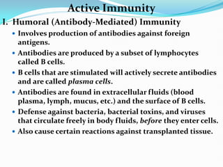 Active Immunity
I. Humoral (Antibody-Mediated) Immunity
 Involves production of antibodies against foreign
antigens.
 Antibodies are produced by a subset of lymphocytes
called B cells.
 B cells that are stimulated will actively secrete antibodies
and are called plasma cells.
 Antibodies are found in extracellular fluids (blood
plasma, lymph, mucus, etc.) and the surface of B cells.
 Defense against bacteria, bacterial toxins, and viruses
that circulate freely in body fluids, before they enter cells.
 Also cause certain reactions against transplanted tissue.
 