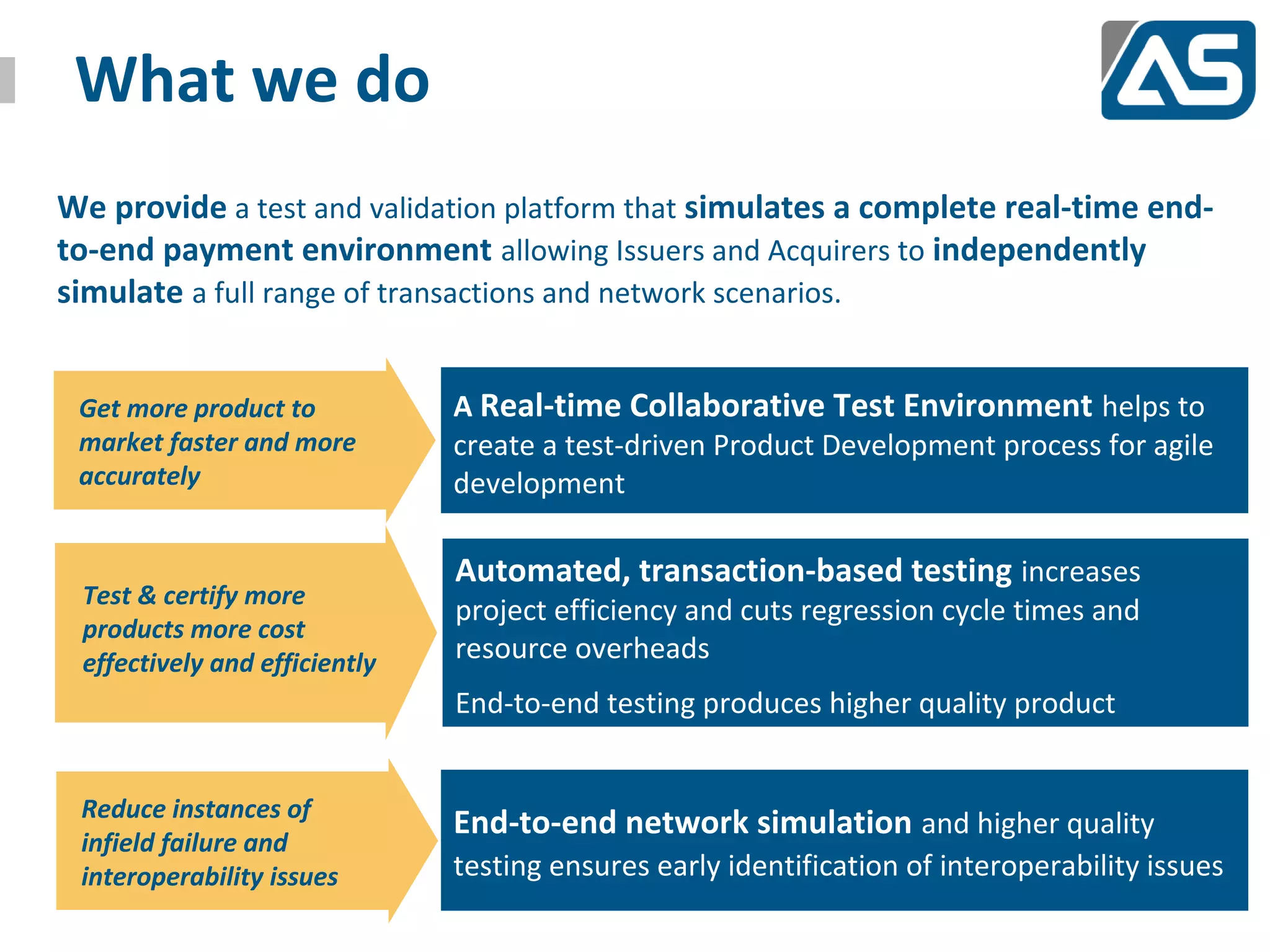 What we do
We provide a test and validation platform that simulates a complete real-time end-
to-end payment environment allowing Issuers and Acquirers to independently
simulate a full range of transactions and network scenarios.

Features of ASTREX                               Benefits of ASTREX
 Get more product to           A Real-time Collaborative Test Environment helps to
 market faster and more        create a test-driven Product Development process for agile
 accurately                    development

                               Automated, transaction-based testing increases
 Test & certify more
                               project efficiency and cuts regression cycle times and
 products more cost
 effectively and efficiently   resource overheads
                               End-to-end testing produces higher quality product

Features of ASTREX
 Reduce instances of
                               End-to-end network simulation and higher quality
 infield failure and
 interoperability issues       testing ensures early identification of interoperability issues
 