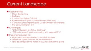Current Landscape
Opportunities
• Cloud Computing
• Big Data
• IT as the Post Digital Catalyst
• Business Driven IT (Functionality Drive Architecture)
• IT Evolution (Accomplishing Old Goals with New Innovations)
• The Consumerization of IT
Challenges
• “2/3 of IT Budgets are flat or declining”1
• “85% to increase IT services spending with external SP’s”2
IT spending needs to:
• Align to the business priorities in a realistic manner
• Deliver the optimum return for the investments
• Take advantage of the trends in buys to optimize the spend
1SearchCIO.com 2Richard Holway (TechMarketView Chairman)
 