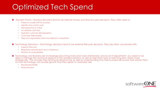 Optimized Tech Spend
Decision Points – Business decisions tend to be internal money and time focused decisions. They often seek to:
• Present a model shift for business
• Identify and control costs
• Decrease time to value
• Accelerate cash flow
• Segment customer demographics
• Customize Deliverables
• Help and organization lead and displace competitors
Technology Decisions – Technology decisions tend to be external lifecycle decisions. They are often concerned with:
• Support Lifecycle
• Regulatory requirements and compliance
• Revision incompatibilities
Technology and Business are increasingly becoming more and more intertwined, and as an IT department, you need to be
able to manage the technical aspects of the needed solutions as well as help them look at their long term needs more
strategically. This includes their technical infrastructure as well as understanding how their business will evolve and advise them
on how technology can enable growth that they aspire to. Examples are:
• Blockbuster/Netflix
• Sears/Amazon
 