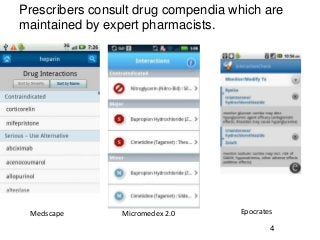 Prescribers consult drug compendia which are
maintained by expert pharmacists.
Medscape EpocratesMicromedex 2.0
4
 