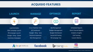 Copyright © 2018 Acquisio, a web.com company. All Rights Reserved
Lead Estimates
SEM Campaign Launch
FB Campaign Launch
Google > Bing - Cloner
Inventory Campaigns
Bid Management
Budget Management
Budget Distribution
Social A/B Testing
FB Campaign Tips
Scheduled Reports
Omni Channel Reports
Analytics Insights
Call Tracking
Custom Metrics
Cross Publisher View
KPI Dashboard
Google > Bing - Sync
Keyword expansion
Bulk Management
ACQUISIO FEATURES
 