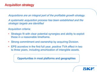 Acquisition strategy


  Acquisitions are an integral part of the profitable growth strategy.
  A systematic acquisition process has been established and the
  strategic targets are identified
  Acquisition criteria:
  • Strategic fit with clear potential synergies and ability to exploit
    these in a reasonable timeframe.
  • Strong commitment and ownership by acquiring Division.
  • EPS accretive in the first full year, positive TVA effect in two
    to three years, including amortization of intangible assets.


          Opportunities in most platforms and geographies
 