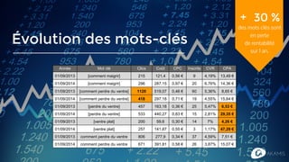 Évolution des mots-clés
Année Mot clé Clics Coût CPC Inscrits CVR CPA
01/09/2013 [comment maigrir] 215 121,4 0,56 € 9 4,19% 13,49 €
01/09/2014 [comment maigrir] 296 287,15 0,97 € 20 6,76% 14,36 €
01/09/2013 [comment perdre du ventre] 1120 519,07 0,46 € 60 5,36% 8,65 €
01/09/2014 [comment perdre du ventre] 418 297,18 0,71 € 19 4,55% 15,64 €
01/09/2013 [perdre du ventre] 457 163,18 0,36 € 25 5,47% 6,53 €
01/09/2014 [perdre du ventre] 533 440,27 0,83 € 15 2,81% 29,35 €
01/09/2013 [ventre plat] 200 59,6 0,30 € 14 7% 4,26 €
01/09/2014 [ventre plat] 257 141,87 0,55 € 3 1,17% 47,29 €
01/09/2013 comment perdre du ventre 806 277,9 0,34 € 37 4,59% 7,51 €
01/09/2014 comment perdre du ventre 671 391,81 0,58 € 26 3,87% 15,07 €
+ 30 %
des mots clés sont
en perte
de rentabilité
sur 1 an.
 