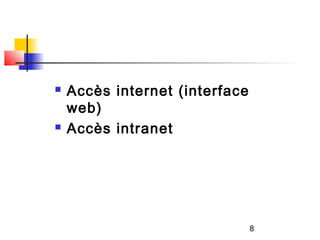    Accès internet (interface
    web)
   Accès intranet




                                8
 