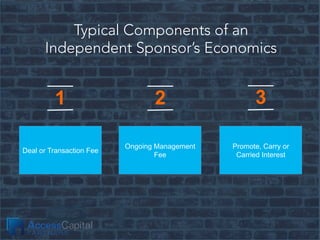 Typical Components of an
Independent Sponsor’s Economics
Deal or Transaction Fee
Ongoing Management
Fee
Promote, Carry or
...