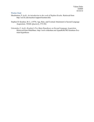 Valene Salas
ED600
10/10/14
Works Cited
Shoebottom, P. (n.d.). An introduction to the work of Stephen Krashe. Retrieved from
http://esl.fis.edu/teachers/support/krashen.htm
Stephen D. Krashen, M. L. (1979). Age, Rate, and Eventual Attainment in Second Language
Acquisition. TESOL Quarterly, 573-582.
University, C. (n.d.). Krashen's Five Main Hypotheses on Second Language Acquisition.
Retrieved from SlideShare: http://www.slideshare.net/AjaanRobCMU/krashens-five-
main-hypotheses
 