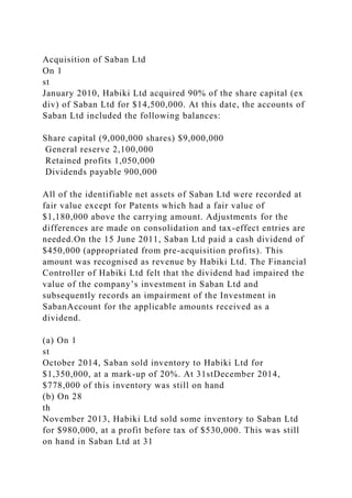 Acquisition of Saban Ltd
On 1
st
January 2010, Habiki Ltd acquired 90% of the share capital (ex
div) of Saban Ltd for $14,500,000. At this date, the accounts of
Saban Ltd included the following balances:
Share capital (9,000,000 shares) $9,000,000
General reserve 2,100,000
Retained profits 1,050,000
Dividends payable 900,000
All of the identifiable net assets of Saban Ltd were recorded at
fair value except for Patents which had a fair value of
$1,180,000 above the carrying amount. Adjustments for the
differences are made on consolidation and tax-effect entries are
needed.On the 15 June 2011, Saban Ltd paid a cash dividend of
$450,000 (appropriated from pre-acquisition profits). This
amount was recognised as revenue by Habiki Ltd. The Financial
Controller of Habiki Ltd felt that the dividend had impaired the
value of the company’s investment in Saban Ltd and
subsequently records an impairment of the Investment in
SabanAccount for the applicable amounts received as a
dividend.
(a) On 1
st
October 2014, Saban sold inventory to Habiki Ltd for
$1,350,000, at a mark-up of 20%. At 31stDecember 2014,
$778,000 of this inventory was still on hand
(b) On 28
th
November 2013, Habiki Ltd sold some inventory to Saban Ltd
for $980,000, at a profit before tax of $530,000. This was still
on hand in Saban Ltd at 31
 