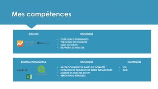 Mes compétences
HISTORIQUE
• CRÉATION D’ÉVÉNEMENTS
• TRACKING DES SOURCES
• SUIVI DU TRAFIC
• RAPPORTS D’ANALYSE
ANALYSE
TECHNIQUES
• SQL
• QLIK
HISTORIQUE
• RAPPROCHEMENT DE BASES DE DONNÉES
• CRÉATION DE TABLEAUX DE BORD INSTANTANÉS
• MESURE ET ANALYSE DE KPI
• REPORTINGS MENSUELS
BUSINESS INTELLIGENCE
 