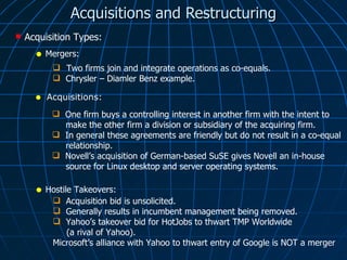 Acquisitions and Restructuring Acquisition Types:  Mergers: Two firms join and integrate operations as co-equals. Chrysler – Diamler Benz example. Acquisitions: One firm buys a controlling interest in another firm with the intent to  make the other firm a division or subsidiary of the acquiring firm. In general these agreements are friendly but do not result in a co-equal  relationship. Novell’s acquisition of German-based SuSE gives Novell an in-house source for Linux desktop and server operating systems. Hostile Takeovers: Acquisition bid is unsolicited. Generally results in incumbent management being removed. Yahoo’s takeover bid for HotJobs to thwart TMP Worldwide  (a rival of Yahoo). Microsoft’s alliance with Yahoo to thwart entry of Google is NOT a merger 