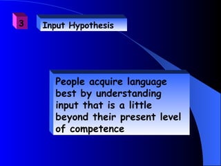 3   Input Hypothesis




      People acquire language
      best by understanding
      input that is a little
      beyond their present level
      of competence
 