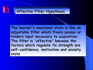 5      Affective Filter Hypothesis



    The learner's emotional state is like an
    adjustable filter which freely passes or
    hinders input necessary to acquisition.
    The filter is 'affective' because the
    factors which regulate its strength are
    self-confidence, motivation and anxiety
    state
 