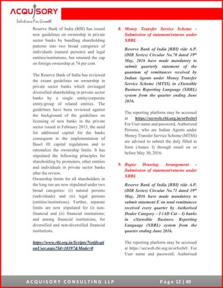 A C Q U I S O R Y C O N S U L T I N G L L P P a g e 12 | 49
Reserve Bank of India (RBI) has issued
new guidelines on ownership in private
sector banks by bundling shareholding
patterns into two broad categories of
individuals (natural persons) and legal
entities/institutions, but retained the cap
on foreign ownership at 74 per cent.
The Reserve Bank of India has reviewed
the extant guidelines on ownership in
private sector banks which envisaged
diversified shareholding in private sector
banks by a single entity/corporate
entity/group of related entities. The
guidelines have been reviewed against
the background of the guidelines on
licensing of new banks in the private
sector issued in February 2013, the need
for additional capital for the banks
consequent to the implementation of
Basel III capital regulations and to
rationalize the ownership limits. It has
stipulated the following principles for
shareholding by promoters, other entities
and individuals in private sector banks
after the review.
Ownership limits for all shareholders in
the long run are now stipulated under two
broad categories: (i) natural persons
(individuals) and (ii) legal persons
(entities/institutions). Further, separate
limits are now stipulated for (i) non-
financial and (ii) financial institutions;
and among financial institutions, for
diversified and non-diversified financial
institutions.
https://www.rbi.org.in/Scripts/Notificati
onUser.aspx?Id=10397&Mode=0
8. Money Transfer Service Scheme -
Submission of statement/returns under
XBRL
Reserve Bank of India [RBI] vide A.P.
(DIR Series) Circular No.70 dated 19th
May, 2016 have made mandatory to
submit quarterly statement of the
quantum of remittances received by
Indian Agents under Money Transfer
Service Scheme (MTSS) in eXtensible
Business Reporting Language (XBRL)
system from the quarter ending June
2016.
The reporting platform may be accessed
at https://secweb.rbi.org.in/orfsxbrl
For User name and password, Authorized
Persons, who are Indian Agents under
Money Transfer Service Scheme (MTSS)
are advised to submit the duly filled in
form (Annex I) through email on or
before May 30, 2016.
9. Rupee Drawing Arrangement -
Submission of statement/returns under
XBRL
Reserve Bank of India [RBI] vide A.P.
(DIR Series) Circular No.71 dated 19th
May, 2016 have made mandatory to
submit statement E on total remittances
received every quarter by Authorised
Dealer Category – I (AD Cat – I) banks
in eXtensible Business Reporting
Language (XBRL) system from the
quarter ending June 2016.
The reporting platform may be accessed
at https://secweb.rbi.org.in/orfsxbrl/. For
User name and password, Authorised
 